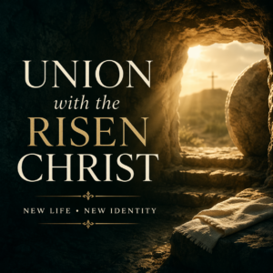 Empty tomb at sunrise with light shining through the entrance, symbolizing union with the risen Christ and new life through the resurrection