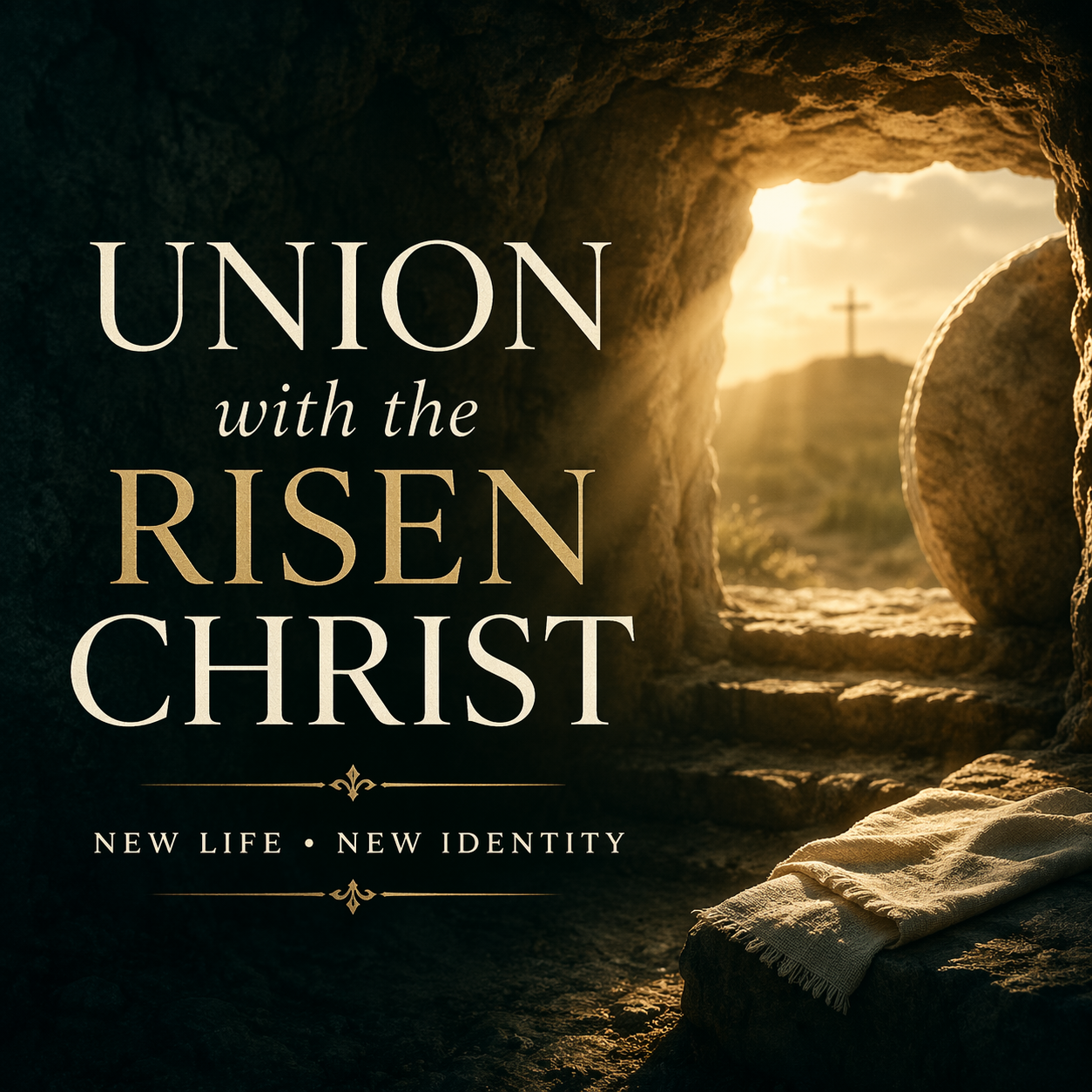 Empty tomb at sunrise with light shining through the entrance, symbolizing union with the risen Christ and new life through the resurrection