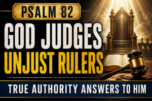 Dramatic Christian thumbnail featuring an open Bible and a judge’s gavel in the foreground, with a glowing throne under radiant light in the background, symbolizing God’s authority and judgment. Bold text reads “Psalm 82,” “God Judges Unjust Rulers,” and “True Authority Answers to Him.”