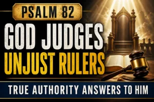 Dramatic Christian thumbnail featuring an open Bible and a judge’s gavel in the foreground, with a glowing throne under radiant light in the background, symbolizing God’s authority and judgment. Bold text reads “Psalm 82,” “God Judges Unjust Rulers,” and “True Authority Answers to Him.”