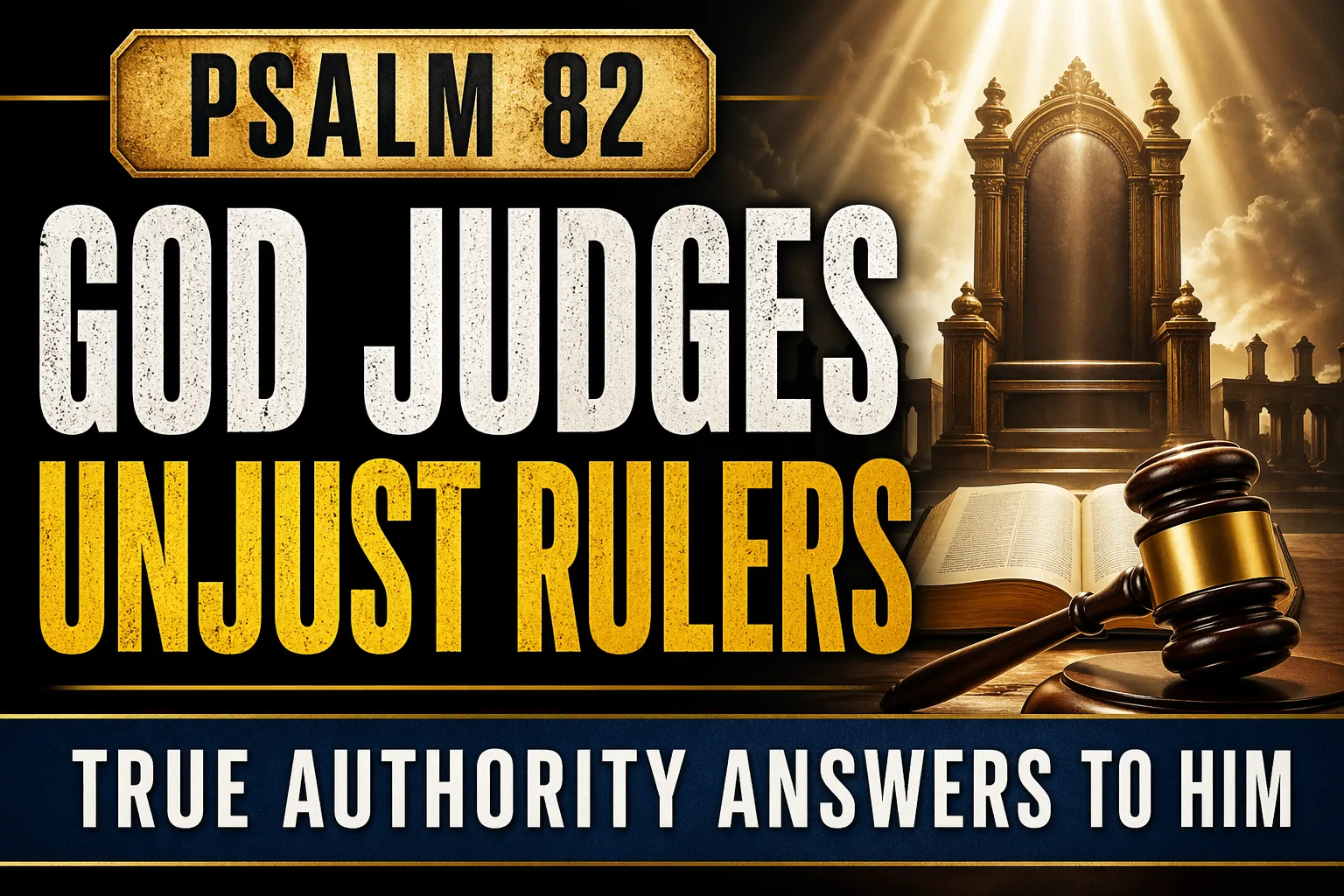 Dramatic Christian thumbnail featuring an open Bible and a judge’s gavel in the foreground, with a glowing throne under radiant light in the background, symbolizing God’s authority and judgment. Bold text reads “Psalm 82,” “God Judges Unjust Rulers,” and “True Authority Answers to Him.”
