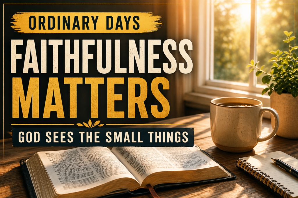 Why Ordinary Faithfulness Matters in the Christian Life 1 Ordinary faithfulness in the Christian life represented by an open Bible on a wooden table beside a coffee mug with warm morning light streaming through a window, symbolizing quiet obedience, daily trust, and steady devotion to God.