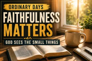 Ordinary faithfulness in the Christian life represented by an open Bible on a wooden table beside a coffee mug with warm morning light streaming through a window, symbolizing quiet obedience, daily trust, and steady devotion to God.