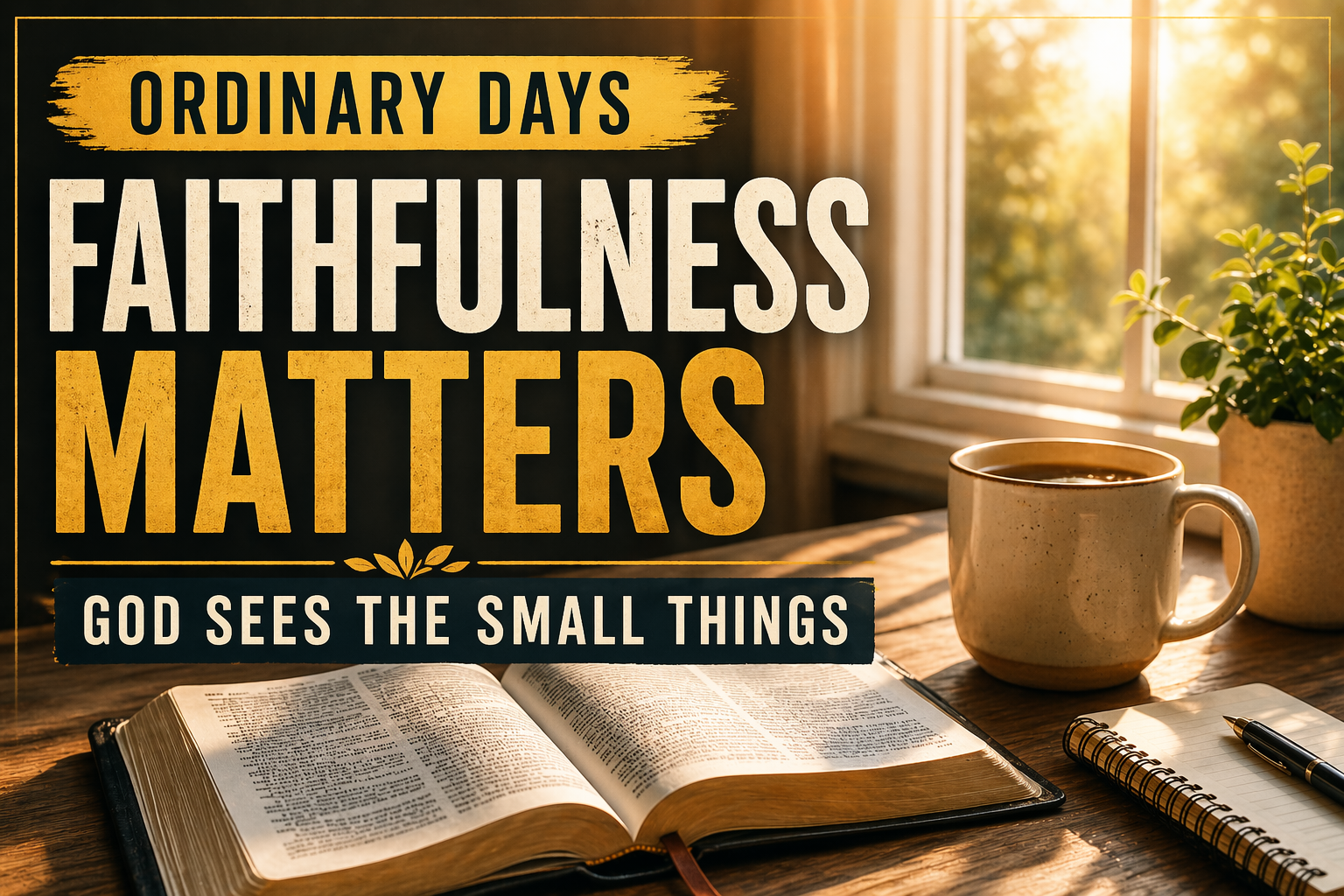 Ordinary faithfulness in the Christian life represented by an open Bible on a wooden table beside a coffee mug with warm morning light streaming through a window, symbolizing quiet obedience, daily trust, and steady devotion to God.