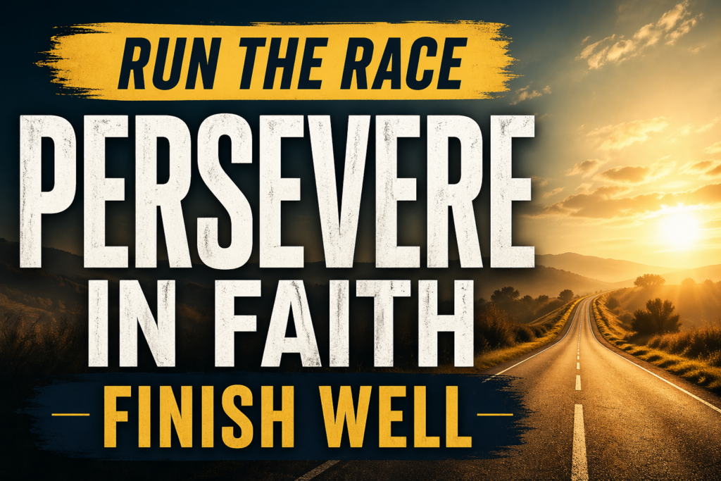 How Christians Persevere: Endurance in the Christian Life 2 A long open road stretching into the distance under a glowing sunrise, with bold text reading “Run the Race, Persevere in Faith, Finish Well,” symbolizing endurance and faithfulness in the Christian life.