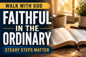 A calm, warm-toned scene with soft morning light coming through a window onto an open Bible on a table. A simple, peaceful setting emphasizes quiet faithfulness in everyday life. Clean serif text reads “Faithful in the Ordinary” with the phrase “Walk with God” above and “Steady Steps Matter” below.
