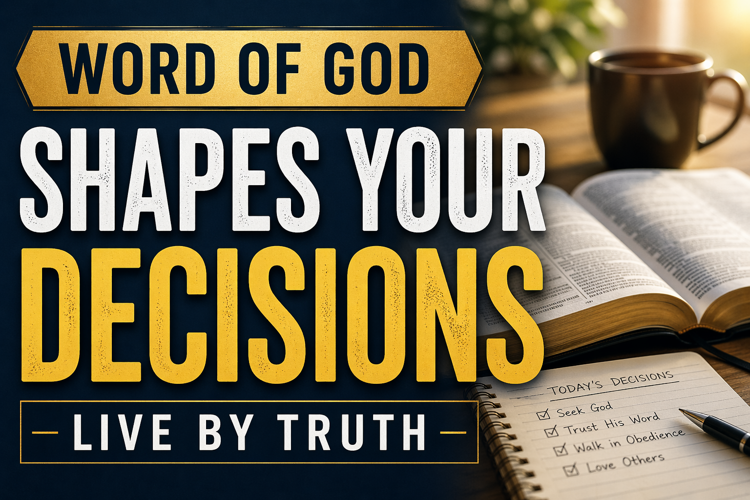 Thumbnail featuring an open Bible on a table beside a notebook and coffee mug, with warm natural light illuminating the scene, and bold text reading “Word of God Shapes Your Decisions – Live by Truth,” symbolizing Scripture guiding everyday choices.
