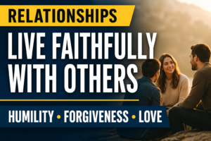 Christian podcast thumbnail with the text ‘Live Faithfully with Others’ and ‘Humility, Forgiveness, Love,’ representing biblical teaching on relationships from Ephesians 4, Colossians 3, and John 13.
