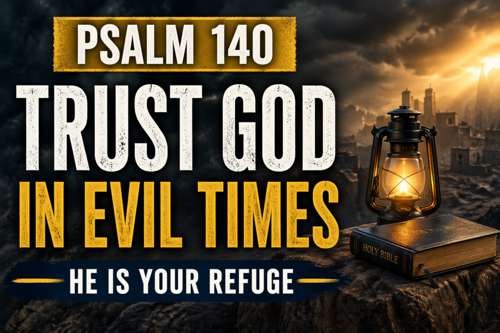A dramatic Christian thumbnail showing a glowing lantern resting on a Bible overlooking a dark, stormy city, with bold text reading “Psalm 140: Trust God in Evil Times – He Is Your Refuge,” symbolizing God’s protection in a fallen world.