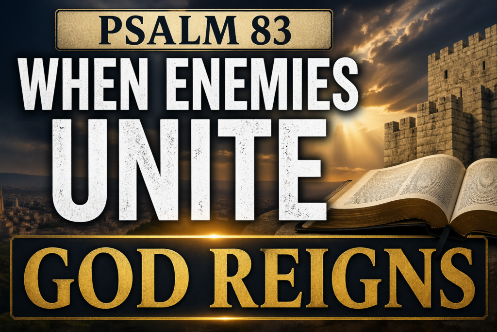 Psalm 83 thumbnail with bold text “When Enemies Unite, God Reigns,” featuring an open Bible, a stone fortress, and rays of light breaking through dark clouds, symbolizing God’s sovereign power over opposition.