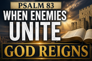 Psalm 83 thumbnail with bold text “When Enemies Unite, God Reigns,” featuring an open Bible, a stone fortress, and rays of light breaking through dark clouds, symbolizing God’s sovereign power over opposition.