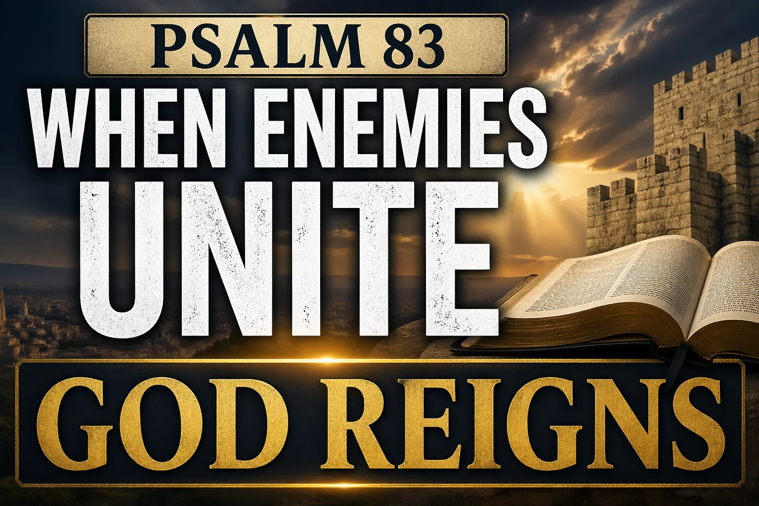 Psalm 83 thumbnail with bold text “When Enemies Unite, God Reigns,” featuring an open Bible, a stone fortress, and rays of light breaking through dark clouds, symbolizing God’s sovereign power over opposition.