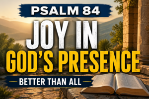 Psalm 84 Bible episode thumbnail with bold text “Joy in God’s Presence” and “Better Than All,” featuring an open Bible in a warm, sunlit landscape symbolizing delight in God’s presence.