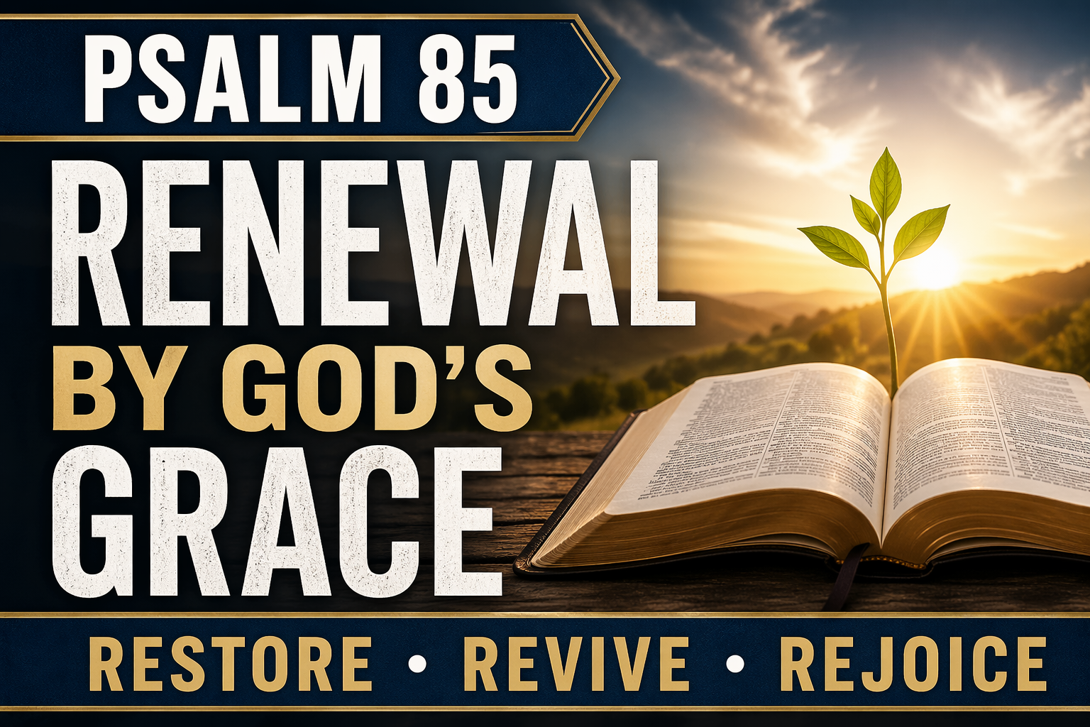 Open Bible with a small green plant growing from its pages under warm sunrise light, symbolizing spiritual renewal through God’s grace, with bold text reading “Psalm 85: Renewal by God’s Grace – Restore • Revive • Rejoice.”