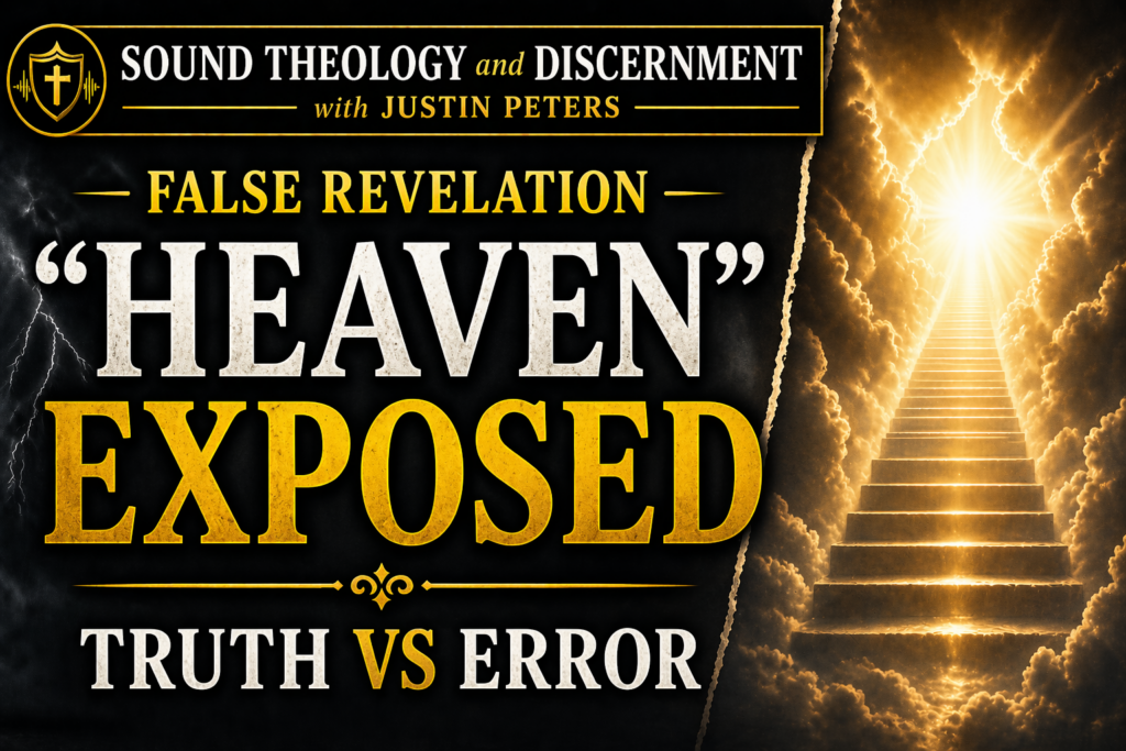 Sound Theology and Discernment with Justin Peters episode thumbnail showing a dark storm contrasted with a bright heavenly staircase, with the text “False Revelation: Heaven Exposed – Truth vs Error,” emphasizing biblical discernment and testing truth.
