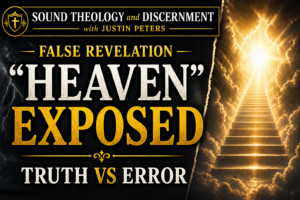 Sound Theology and Discernment with Justin Peters episode thumbnail showing a dark storm contrasted with a bright heavenly staircase, with the text “False Revelation: Heaven Exposed – Truth vs Error,” emphasizing biblical discernment and testing truth.