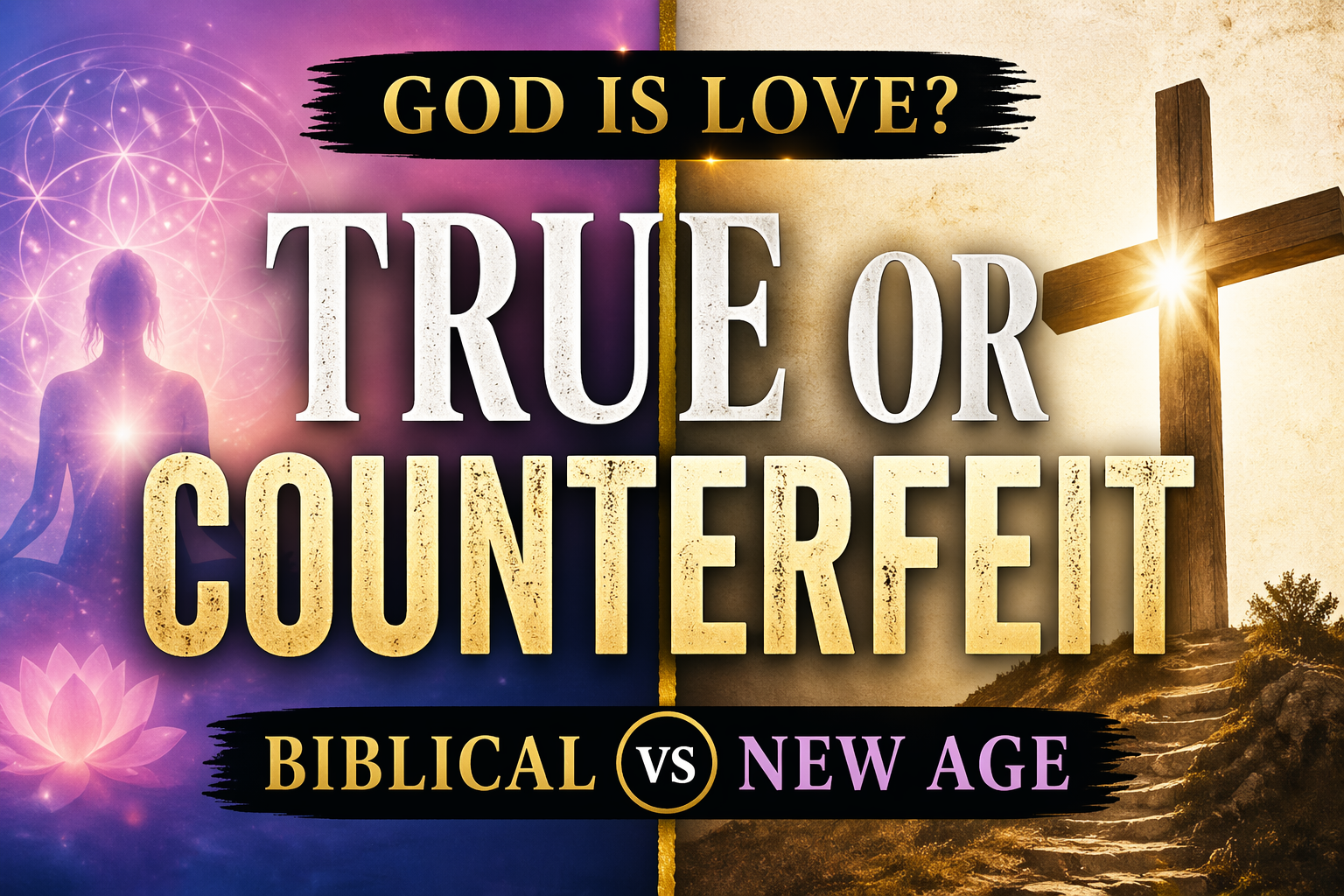 YouTube thumbnail reading ‘God Is Love? True or Counterfeit – Biblical vs New Age,’ featuring a split design with a New Age spiritual figure on the left and a glowing cross on the right.