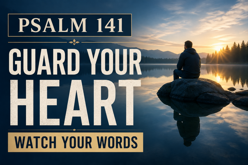Psalm 141 YouTube thumbnail showing a man sitting by a calm lake at sunrise reflecting on God, with text about guarding the heart and words through prayer and holiness