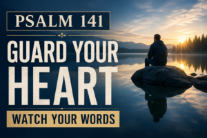 Psalm 141 YouTube thumbnail showing a man sitting by a calm lake at sunrise reflecting on God, with text about guarding the heart and words through prayer and holiness