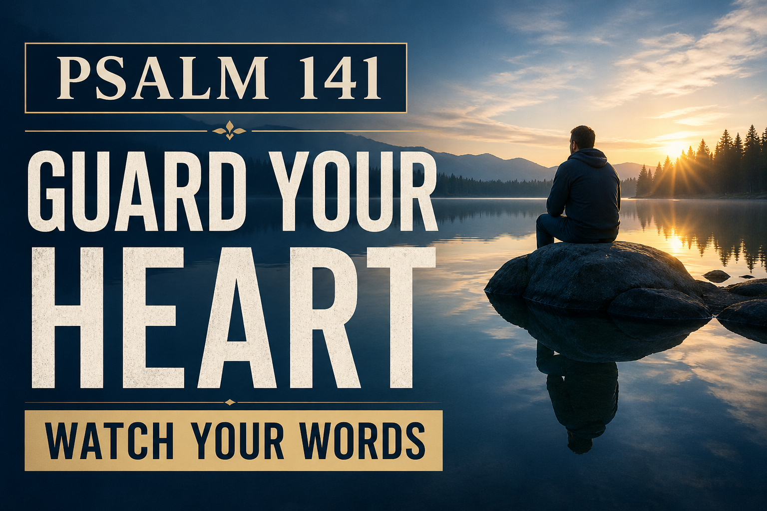 Psalm 141 YouTube thumbnail showing a man sitting by a calm lake at sunrise reflecting on God, with text about guarding the heart and words through prayer and holiness