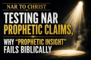 Dark, high-contrast thumbnail with spotlight illuminating an empty stage, featuring bold text ‘NAR to Christ’ and ‘Testing NAR Prophetic Claims, Why Prophetic Insight Fails Biblically