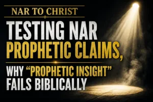 Dark, high-contrast thumbnail with spotlight illuminating an empty stage, featuring bold text ‘NAR to Christ’ and ‘Testing NAR Prophetic Claims, Why Prophetic Insight Fails Biblically