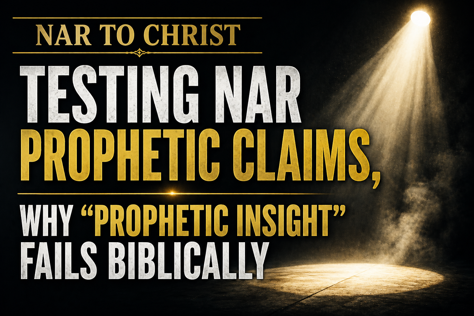 Dark, high-contrast thumbnail with spotlight illuminating an empty stage, featuring bold text ‘NAR to Christ’ and ‘Testing NAR Prophetic Claims, Why Prophetic Insight Fails Biblically
