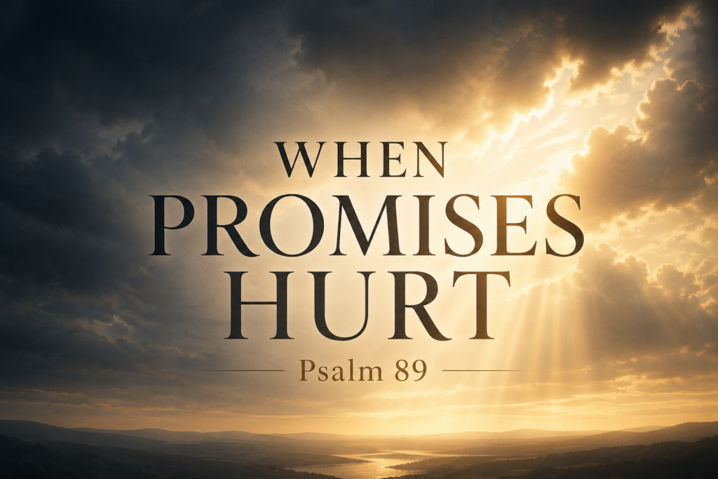 Christian teaching thumbnail with dark storm clouds and light breaking through, featuring the text ‘When Promises Hurt – Psalm 89,’ illustrating God’s covenant faithfulness in seasons of suffering and confusion.