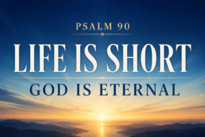 Christian teaching thumbnail for Psalm 90 with a deep blue to warm sunrise gradient background and centered serif text reading “Psalm 90 – Life Is Short, God Is Eternal,” symbolizing the contrast between human brevity and God’s eternal nature.