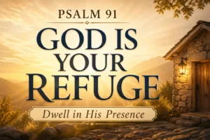 A warm sunrise landscape with soft golden light illuminating rolling hills and a small stone shelter, featuring centered serif text reading “Psalm 91 – God Is Your Refuge” and the subtitle “Dwell in His Presence,” symbolizing peace, safety, and trust in God.
