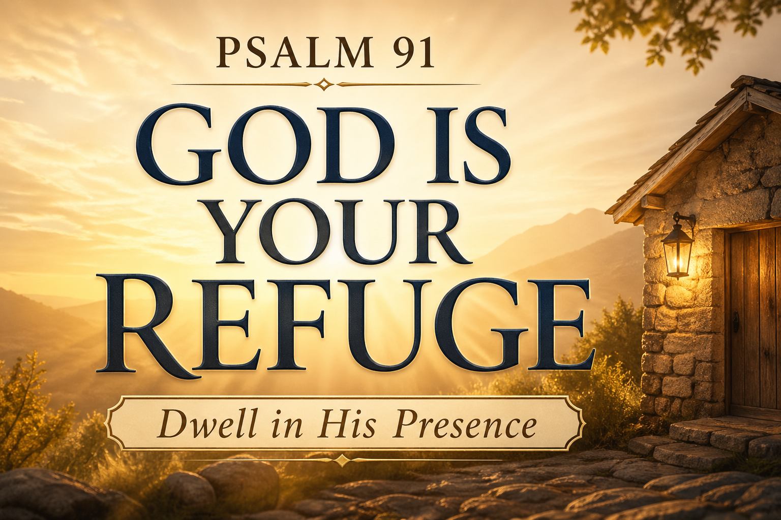 A warm sunrise landscape with soft golden light illuminating rolling hills and a small stone shelter, featuring centered serif text reading “Psalm 91 – God Is Your Refuge” and the subtitle “Dwell in His Presence,” symbolizing peace, safety, and trust in God.