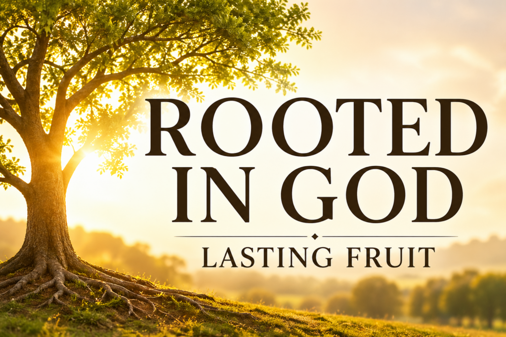 Flourishing tree with deep roots in warm golden sunlight, symbolizing spiritual growth, with text “Rooted in God – Lasting Fruit” for a Christian Bible teaching episode on Psalm 92.