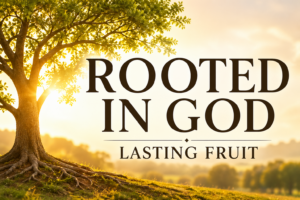 Flourishing tree with deep roots in warm golden sunlight, symbolizing spiritual growth, with text “Rooted in God – Lasting Fruit” for a Christian Bible teaching episode on Psalm 92.