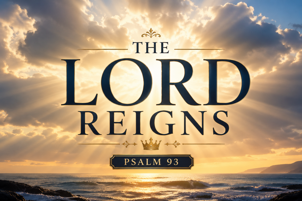 Christian teaching thumbnail featuring a radiant sunrise over the ocean with light breaking through clouds, symbolizing God’s sovereign reign, with bold serif text reading “The Lord Reigns – Psalm 93.