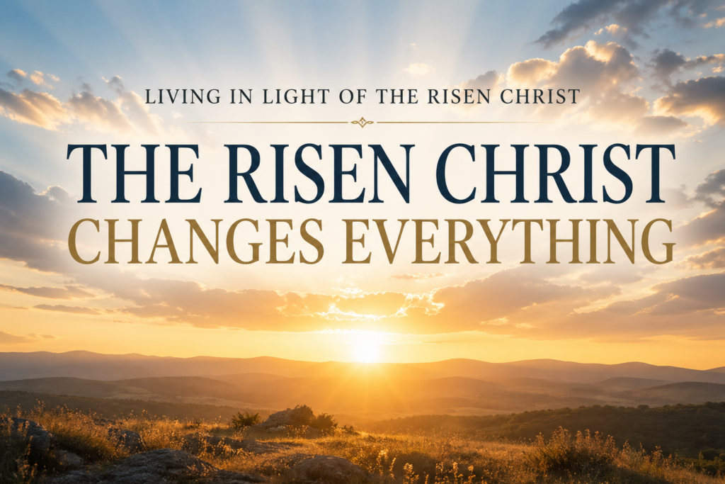 Sunrise over a wide landscape with light breaking through clouds and the words “The Risen Christ Changes Everything,” reflecting hope and new life through the resurrection.