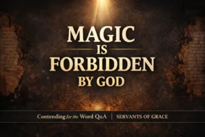 YouTube thumbnail reading ‘Magic Is Forbidden by God’ in large serif text over a dark charcoal textured background with burned parchment edges, warm top light beam, and subtle ember glow. Bottom banner reads ‘Contending for the Word Q&A | Servants of Grace