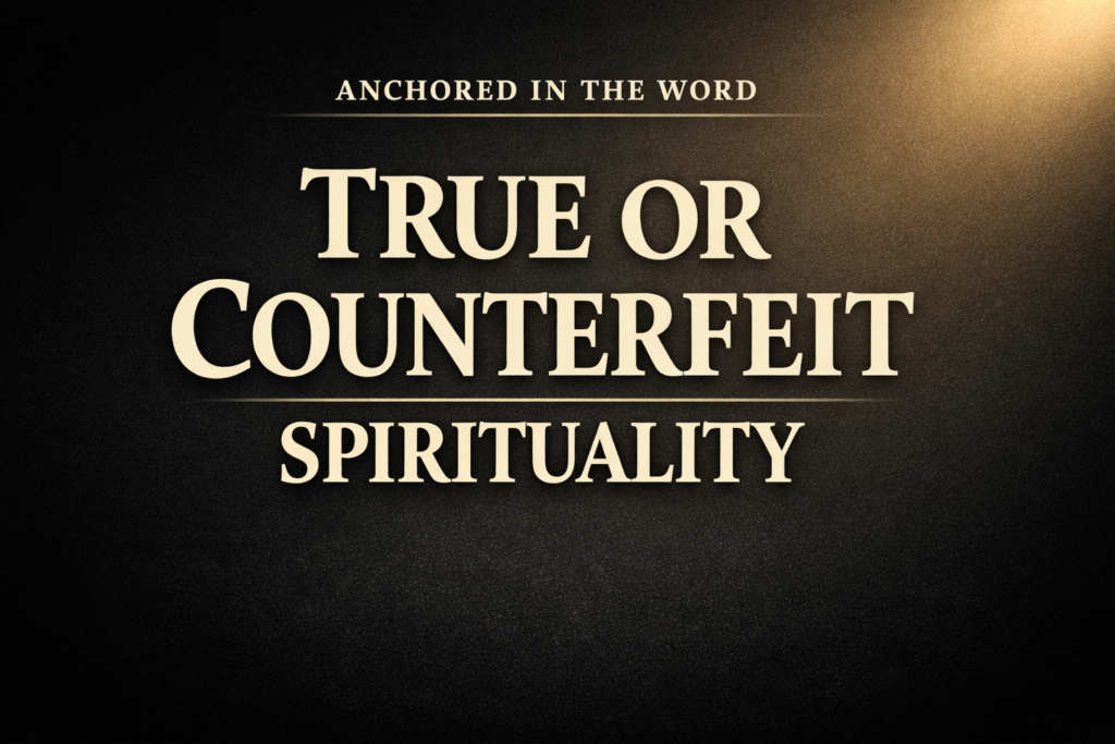 Anchored in the Word thumbnail with dark charcoal background and soft gold glow, featuring bold cream serif text reading “TRUE OR COUNTERFEIT SPIRITUALITY” centered on the image.