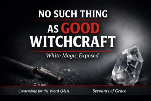 YouTube thumbnail with bold text reading ‘No Such Thing as Good Witchcraft – White Magic Exposed’ over a dark charcoal background with a broken wand and cracked crystal, branded Contending for the Word Q&A and Servants of Grace.