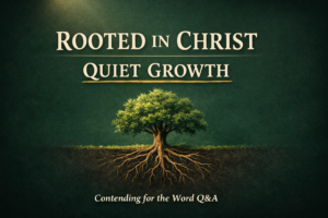 Contending for the Word Q&A thumbnail with the text “Rooted in Christ, Quiet Growth” on a deep forest green background with soft light, featuring a tree with visible roots symbolizing spiritual growth in Christ