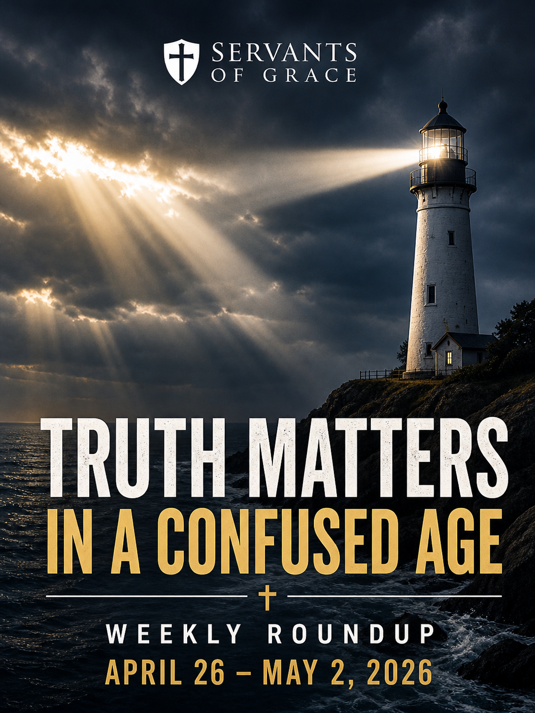 Servants of Grace Weekly Roundup April 26–May 2 2026 graphic with lighthouse shining light in darkness and the text Truth Matters in a Confused Age