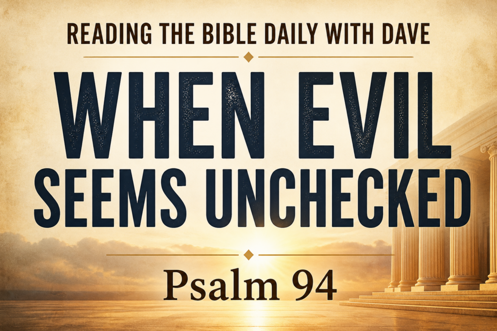 Psalm 94 teaching graphic with warm parchment background, bold text “When Evil Seems Unchecked,” and subtle courtroom light symbolizing God’s justice and refuge