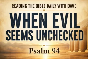 Psalm 94 teaching graphic with warm parchment background, bold text “When Evil Seems Unchecked,” and subtle courtroom light symbolizing God’s justice and refuge