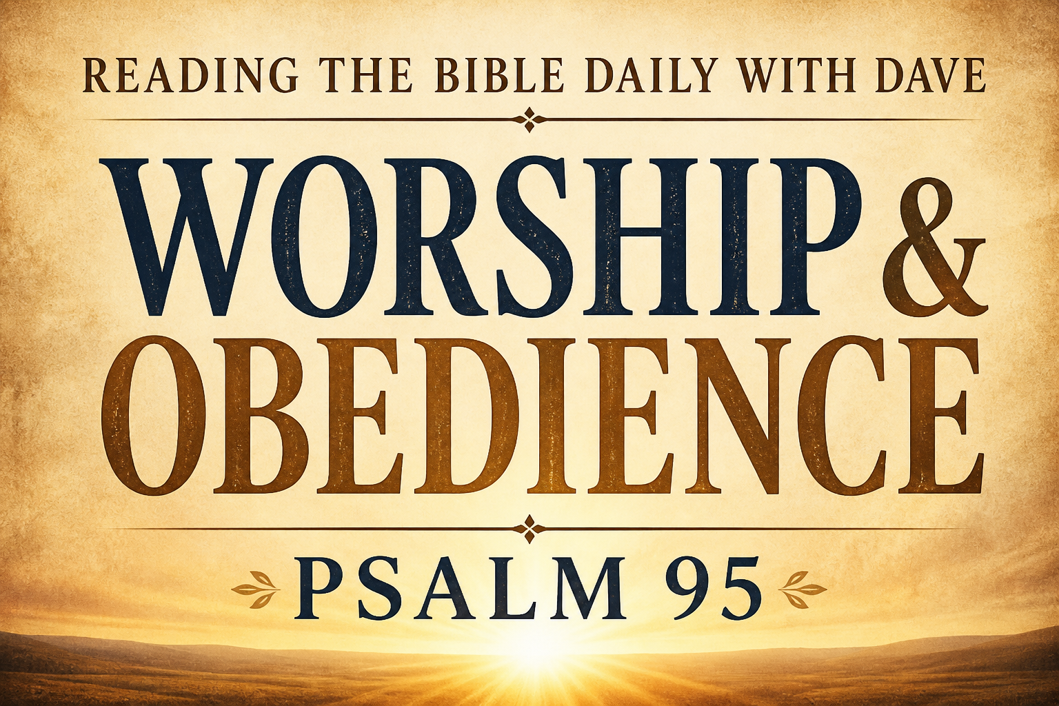 Psalm 95 teaching graphic with warm parchment background, soft sunrise glow, and bold text reading Worship and Obedience from Reading the Bible Daily with Dave
