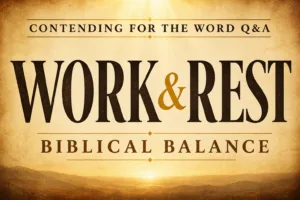 Thumbnail with warm parchment background and soft light glow featuring bold serif text “WORK & REST” and “BIBLICAL BALANCE” for Contending for the Word Q&A episode on biblical living