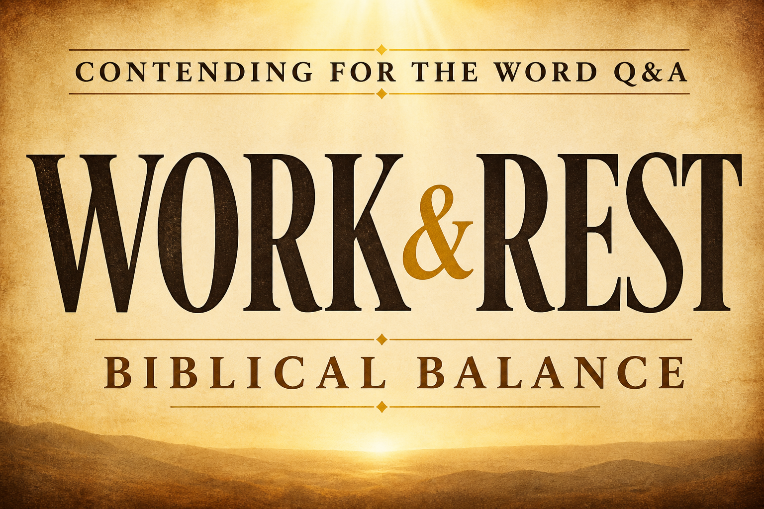 Thumbnail with warm parchment background and soft light glow featuring bold serif text “WORK & REST” and “BIBLICAL BALANCE” for Contending for the Word Q&A episode on biblical living