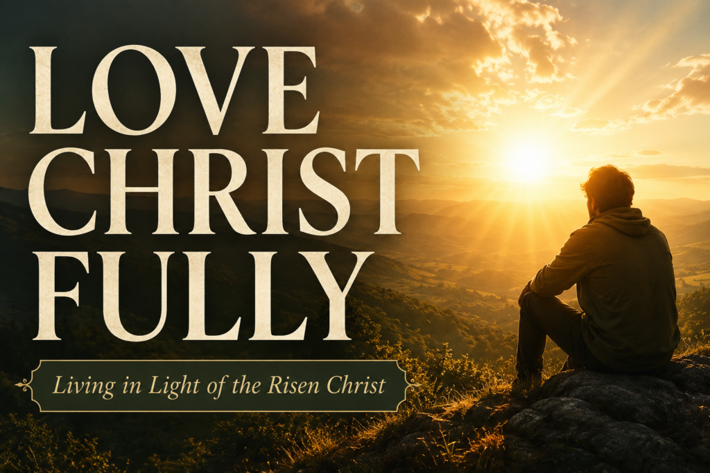 A Christian teaching thumbnail featuring warm golden sunrise light over rolling hills with a reflective silhouette seated on a rocky overlook. Large serif text reads “LOVE CHRIST FULLY,” with the subtitle “Living in Light of the Risen Christ.” The image conveys devotion, worship, hope, and resurrection-centered Christian living.