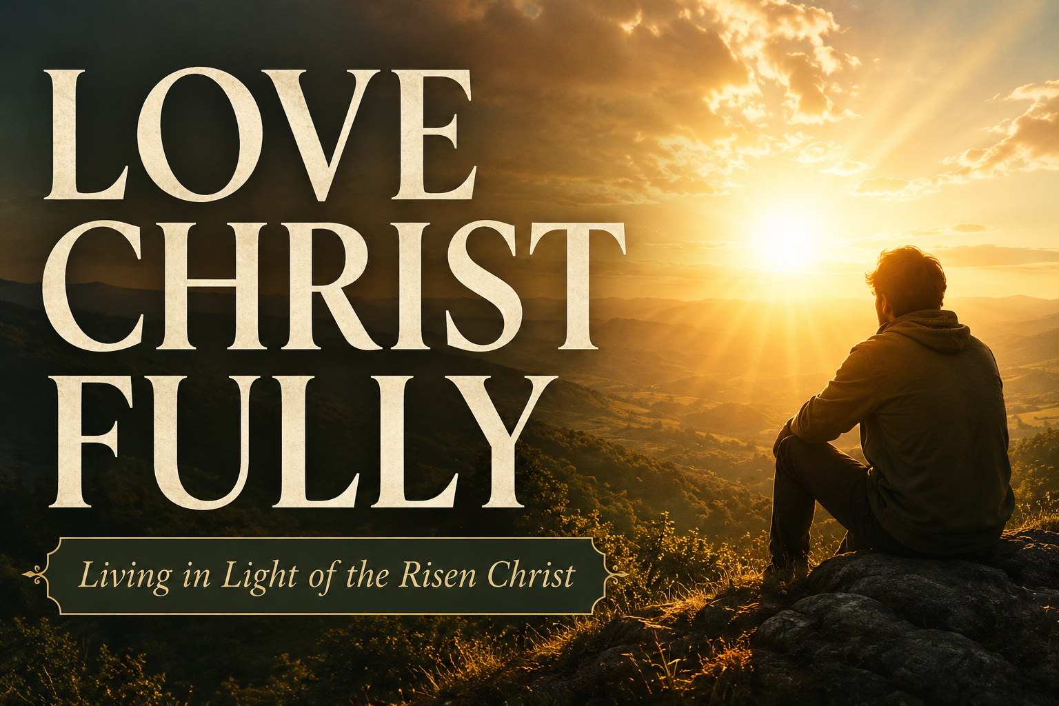 A Christian teaching thumbnail featuring warm golden sunrise light over rolling hills with a reflective silhouette seated on a rocky overlook. Large serif text reads “LOVE CHRIST FULLY,” with the subtitle “Living in Light of the Risen Christ.” The image conveys devotion, worship, hope, and resurrection-centered Christian living.