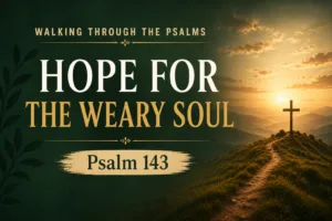 Psalm 143 Christian teaching thumbnail for Walking Through the Psalms featuring a sunrise over mountains, a cross on a hill, and the title ‘Hope for the Weary Soul’ in large serif text