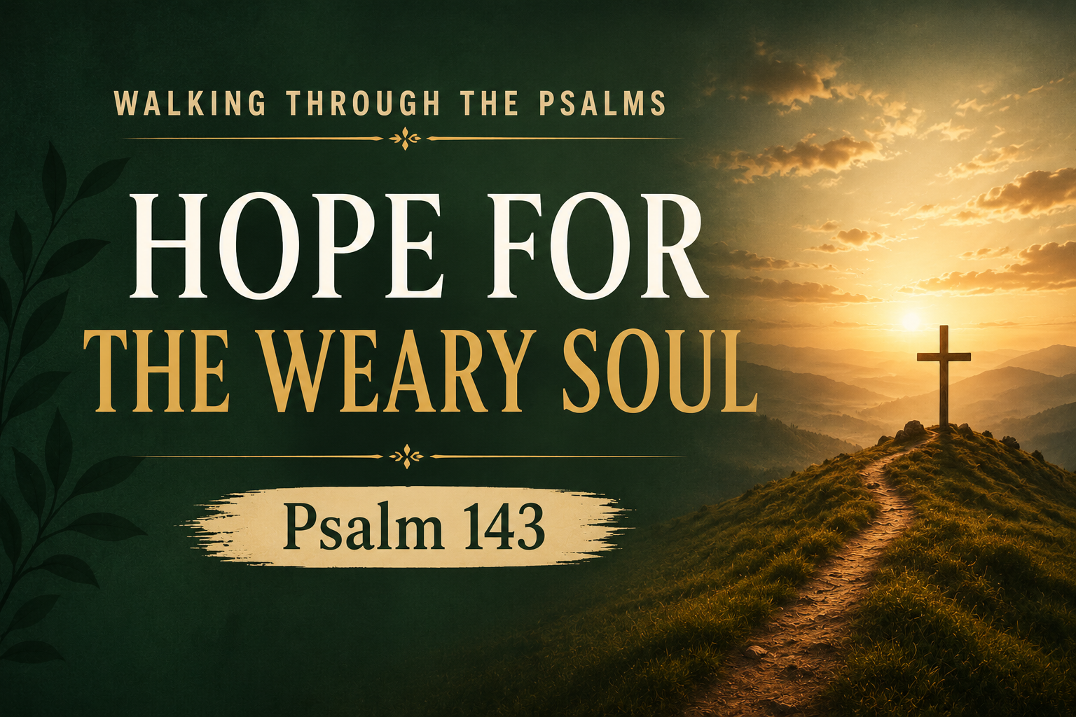 Psalm 143 Christian teaching thumbnail for Walking Through the Psalms featuring a sunrise over mountains, a cross on a hill, and the title ‘Hope for the Weary Soul’ in large serif text