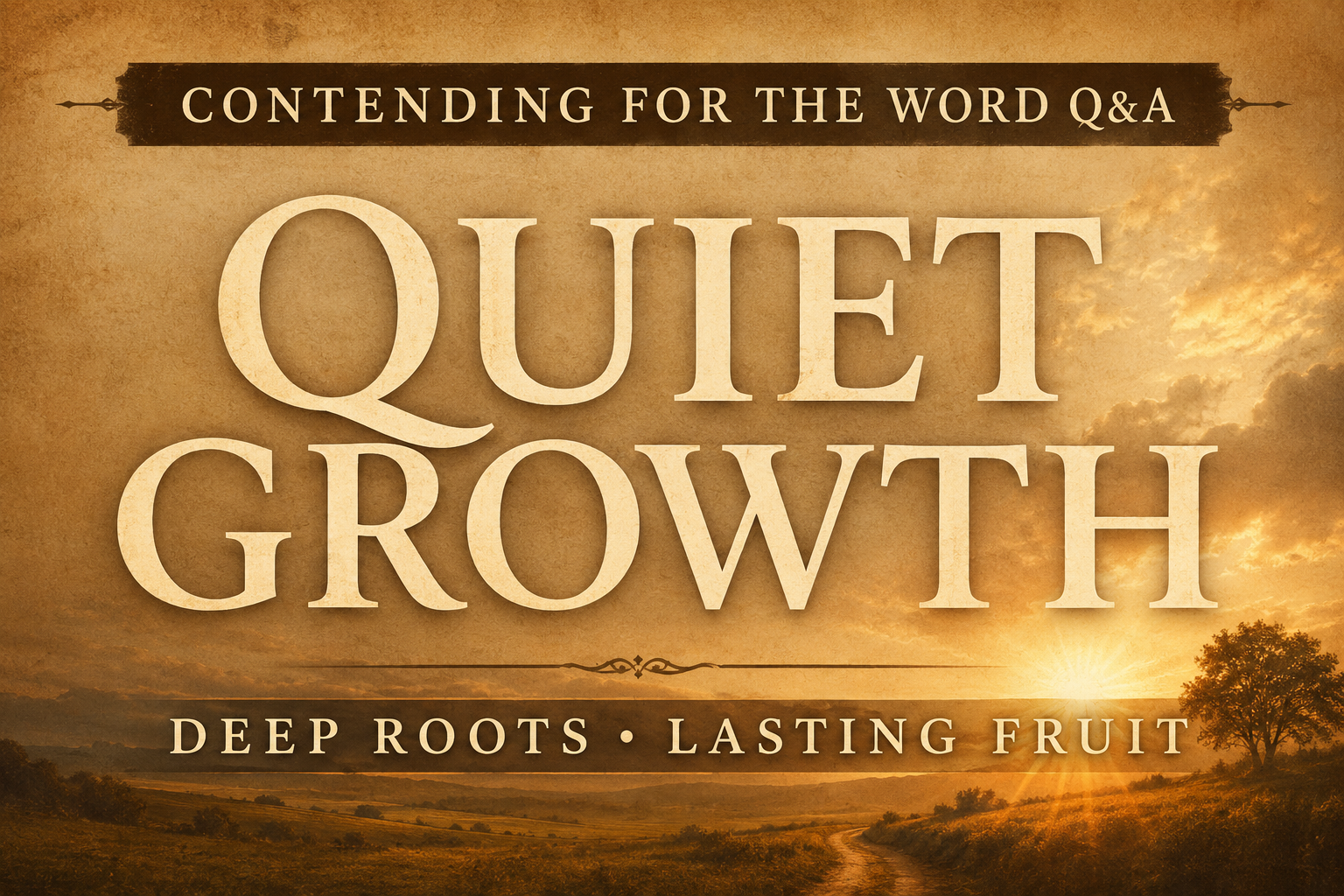 Contending for the Word Q&A podcast thumbnail with warm parchment background, soft sunrise glow, cream serif typography, and the words Quiet Growth Deep Roots Lasting Fruit in a calm pastoral design.